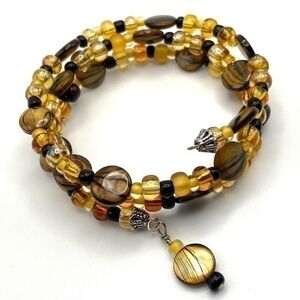 Memory Wire Bracelet Gold Brown Black Beaded Wrap Around Boho Coil Bracelet